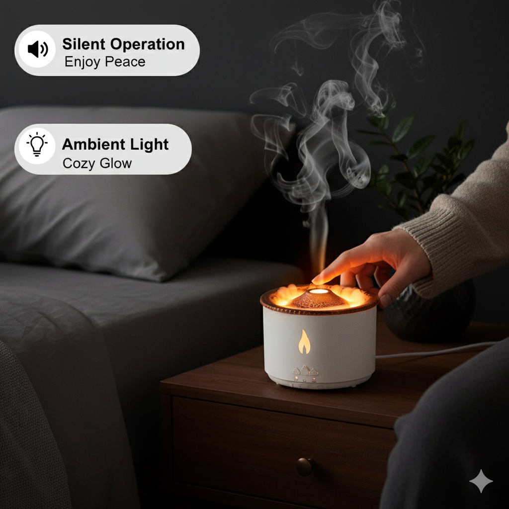 FlameAura – Volcanic Mist Diffuser Lamp
